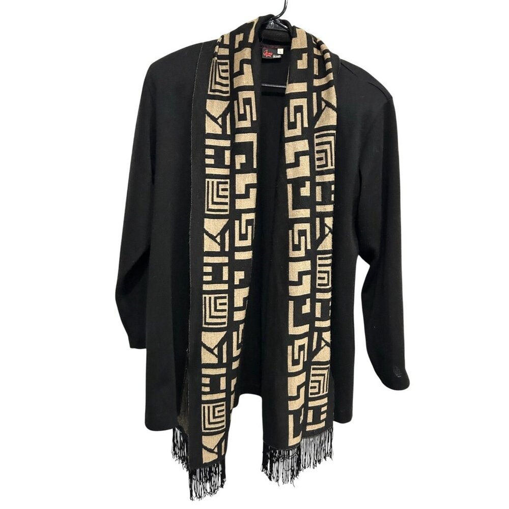 Mattie Black Beige Geometric Pattern Long Cardigan Jacket Fringe Scarf Sz Large